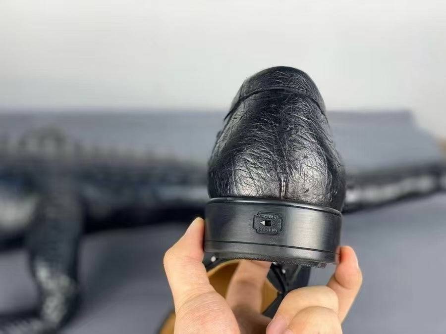 Ostrich Leather Shoes Ostrich Loafer Slip-On Shoes Black-4