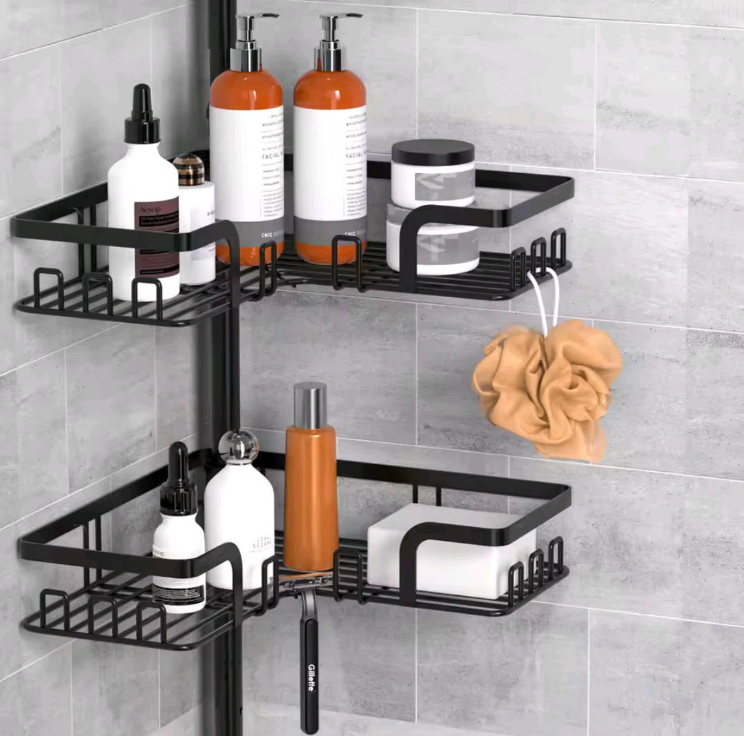 1pcs bathroom corner shower storage rack tension rod, 4-layer stainless steel anti rust shower corner rack, adjustable floor standing without drilling, very suitable for organizing bathroom essentials such as shampoo, soap, conditioner, shower gel, etc