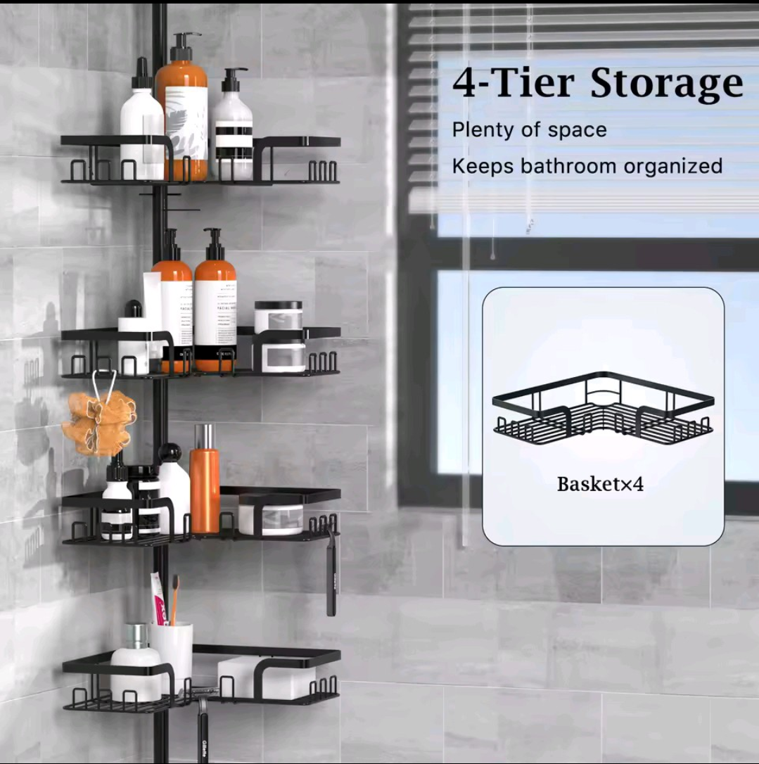 1pcs bathroom corner shower storage rack tension rod, 4-layer stainless steel anti rust shower corner rack, adjustable floor standing without drilling, very suitable for organizing bathroom essentials such as shampoo, soap, conditioner, shower gel, etc