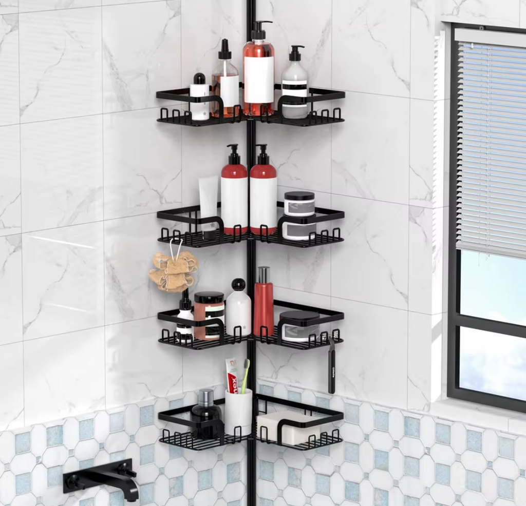 1pcs bathroom corner shower storage rack tension rod, 4-layer stainless steel anti rust shower corner rack, adjustable floor standing without drilling, very suitable for organizing bathroom essentials such as shampoo, soap, conditioner, shower gel, etc