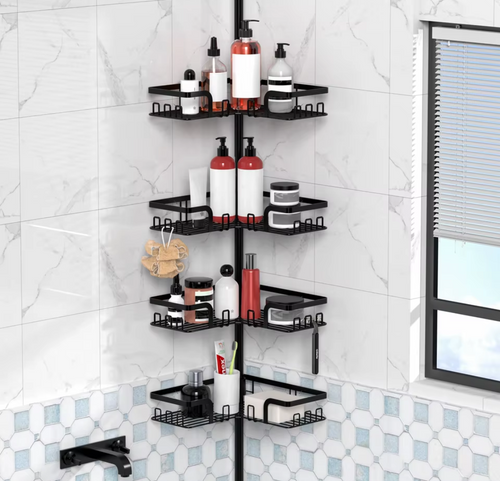 1pcs bathroom corner shower storage rack tension rod, 4-layer stainless steel anti rust shower corner rack, adjustable floor standing without drilling, very suitable for organizing bathroom essentials such as shampoo, soap, conditioner, shower gel, etc
