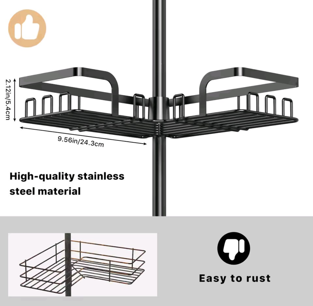 1pcs bathroom corner shower storage rack tension rod, 4-layer stainless steel anti rust shower corner rack, adjustable floor standing without drilling, very suitable for organizing bathroom essentials such as shampoo, soap, conditioner, shower gel, etc