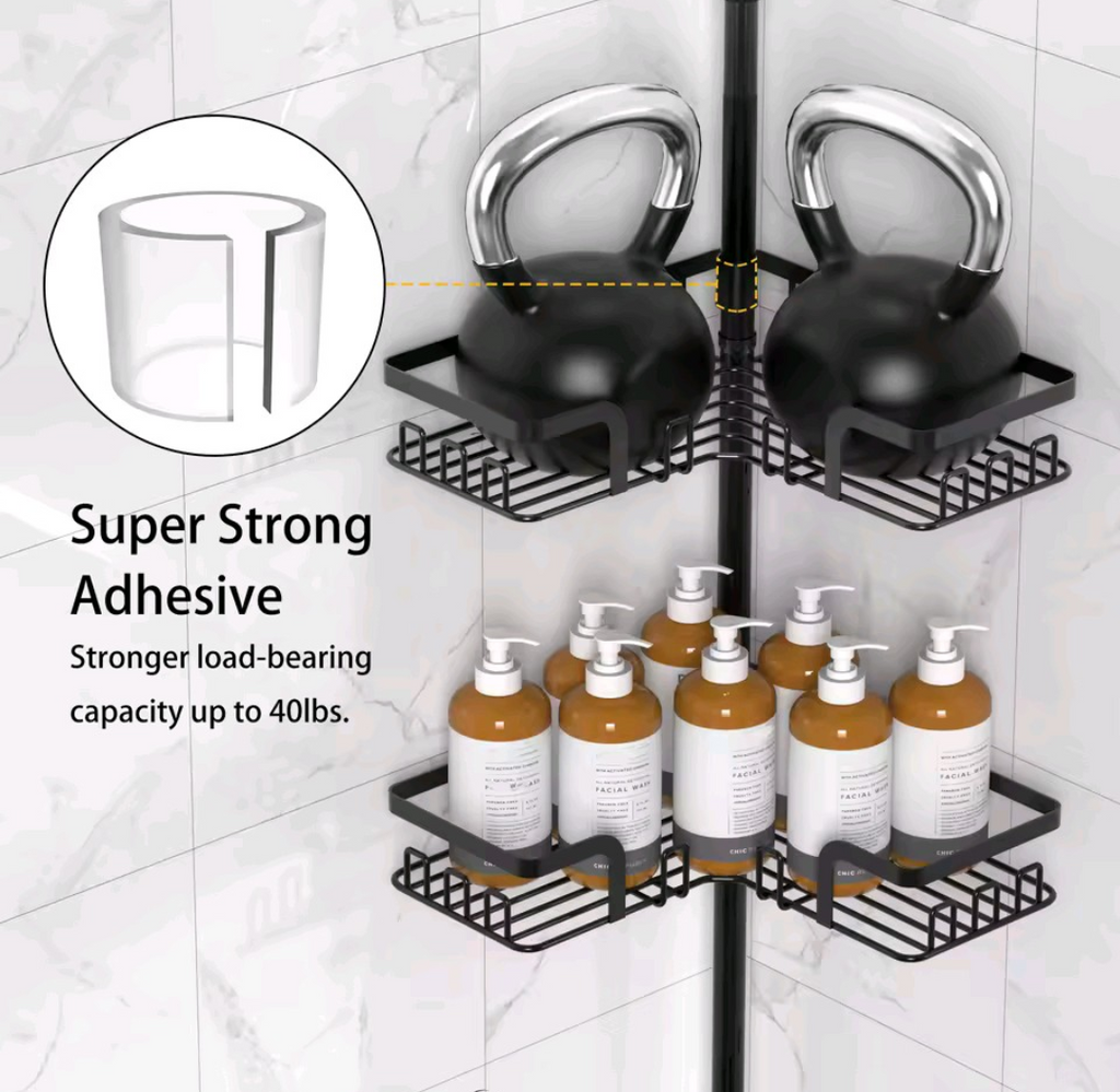 1pcs bathroom corner shower storage rack tension rod, 4-layer stainless steel anti rust shower corner rack, adjustable floor standing without drilling, very suitable for organizing bathroom essentials such as shampoo, soap, conditioner, shower gel, etc
