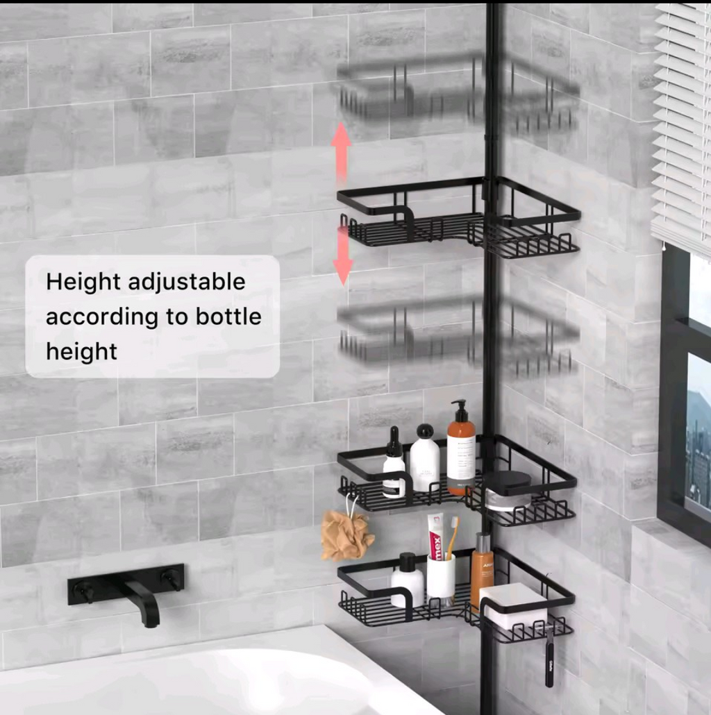 1pcs bathroom corner shower storage rack tension rod, 4-layer stainless steel anti rust shower corner rack, adjustable floor standing without drilling, very suitable for organizing bathroom essentials such as shampoo, soap, conditioner, shower gel, etc