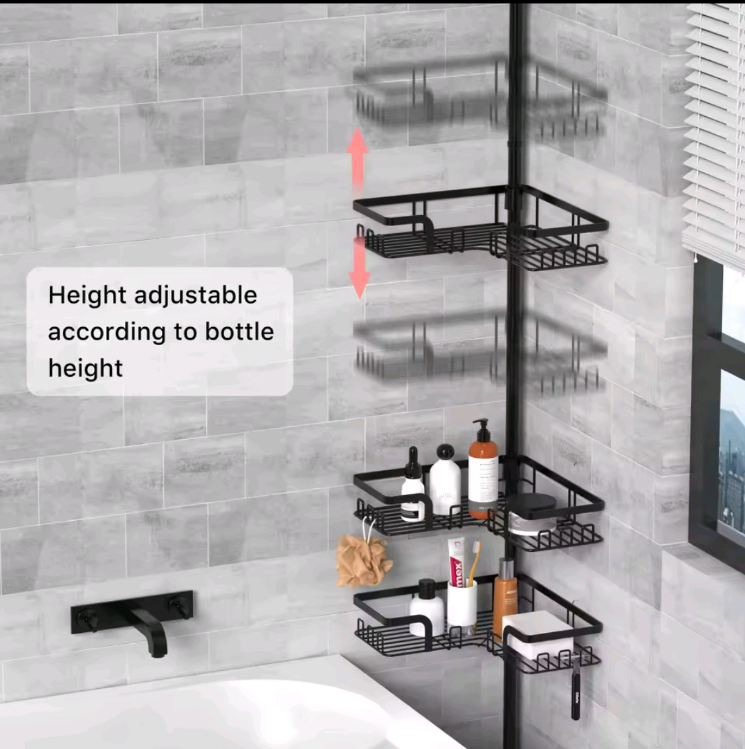 1pcs bathroom corner shower storage rack tension rod, 4-layer stainless steel anti rust shower corner rack, adjustable floor standing without drilling, very suitable for organizing bathroom essentials such as shampoo, soap, conditioner, shower gel, etc